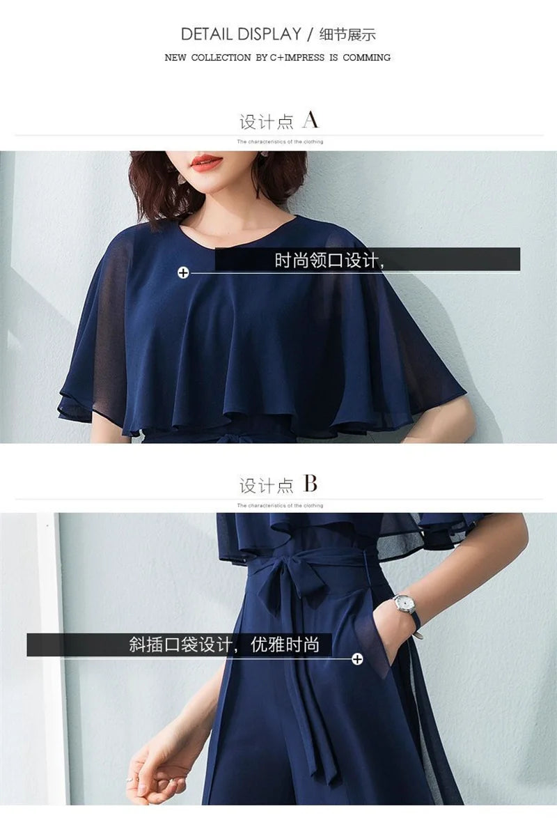 Lotus Leaf Sleeve Jumpsuit Women's Summer Long 2023 New Chiffon Jumpsuit Wide Leg Set Temperament Jumpsuit Female Bodysuit Blue