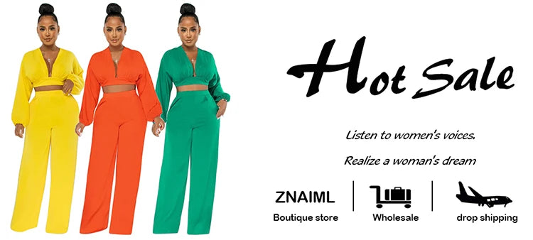 Znaiml Casual Green Two 2 Pieces Wide Leg Pants Sets Women‘s Long Sleeve Deep V-neck Crop Tops and Trousers Birthday Club Outfit