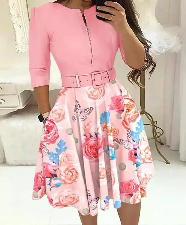 Elegant Dress for Woman Streetwear Zippered Medium with Waistband Long Sleeved Print Bodycon Dresses Y2k 2024 Autumn and Summer