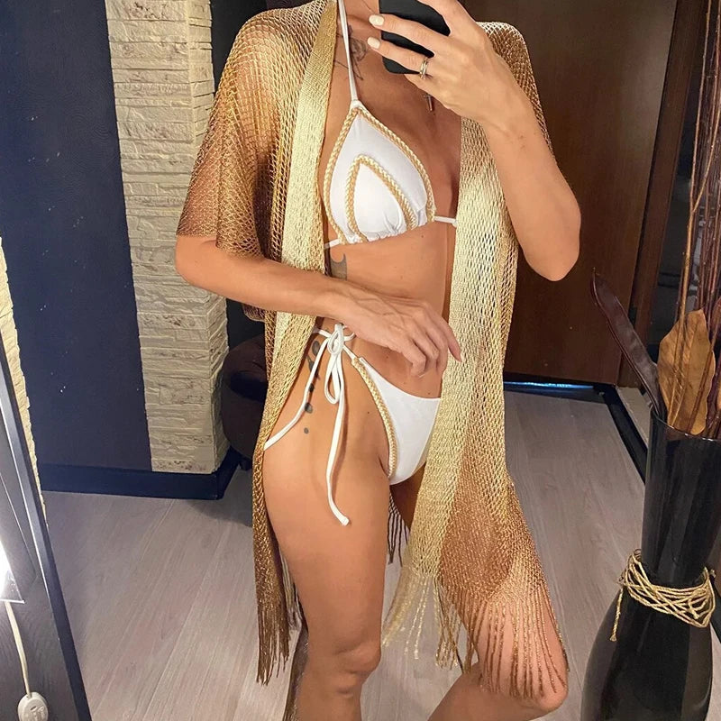 Women 2025 Tassel Style Transparent Party Robe Streetwear Short Sleeve knit Clothes Fashion Striped Colorful Belt Cardigan Dress