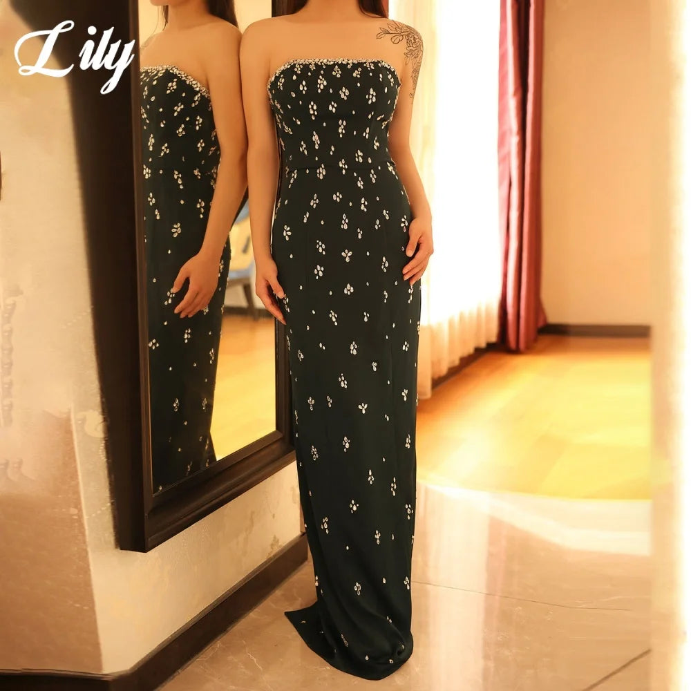 Lily Black Formal Gown Strapless Sleeveless Evening Gown with Pleats Satin and Glitter Crystals Trumpet Party Dress Customized