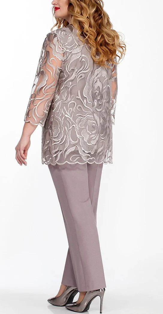 Plus Size Mesh Embroidery 3/4 Sleeve Two Pieces Pant Suits