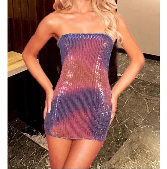 Mini Dress for Women Fashion Sexy Spicy Girl Strapless Sleeveless Hollowed Out Backless Party Sequin Dresses 2025 Summer New