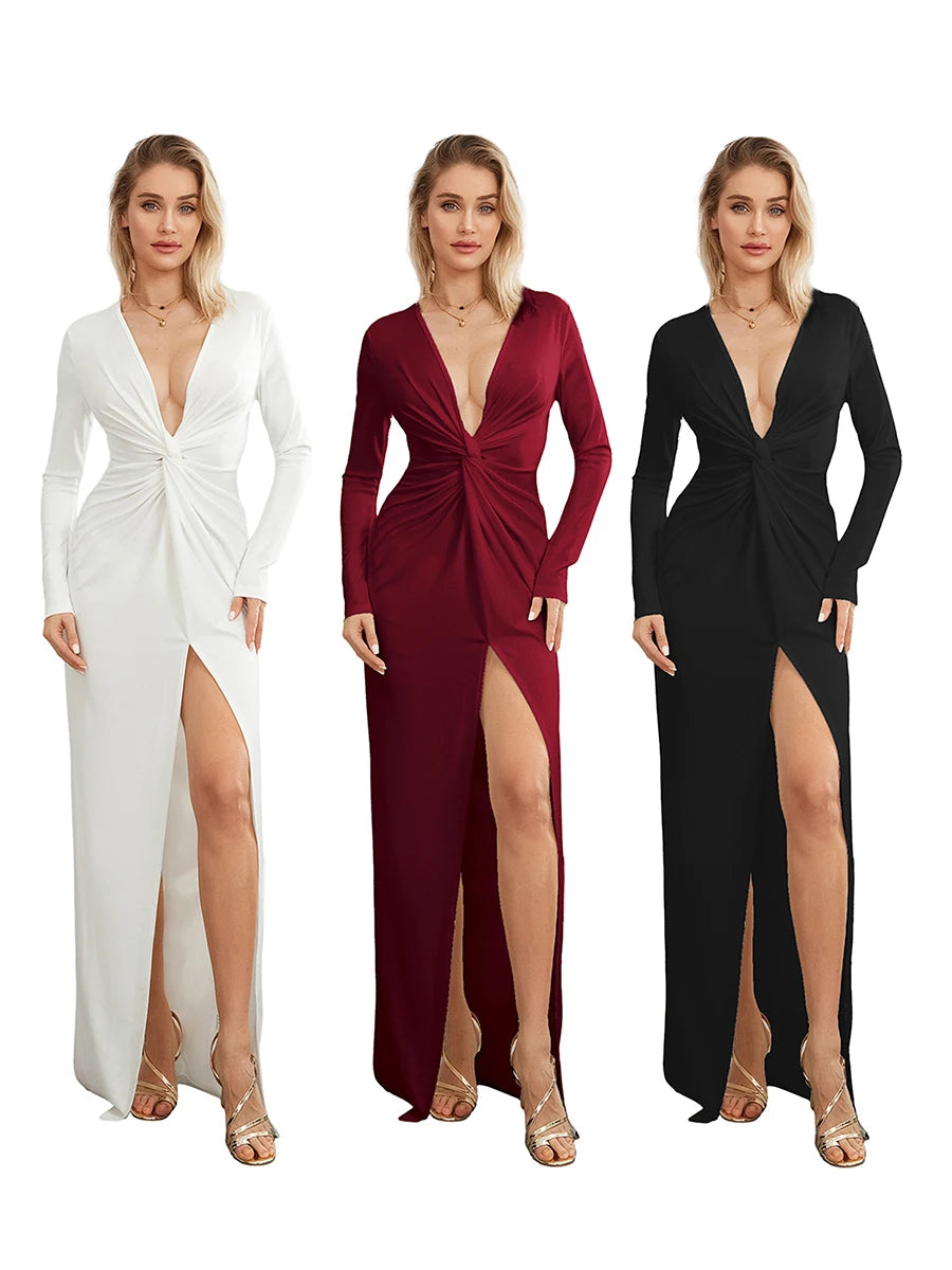 Women's Twist Front Party Dress Elegant Long Sleeve Deep V Neck Bodycon Long Dresses Female Solid Color Formal Evening Gown
