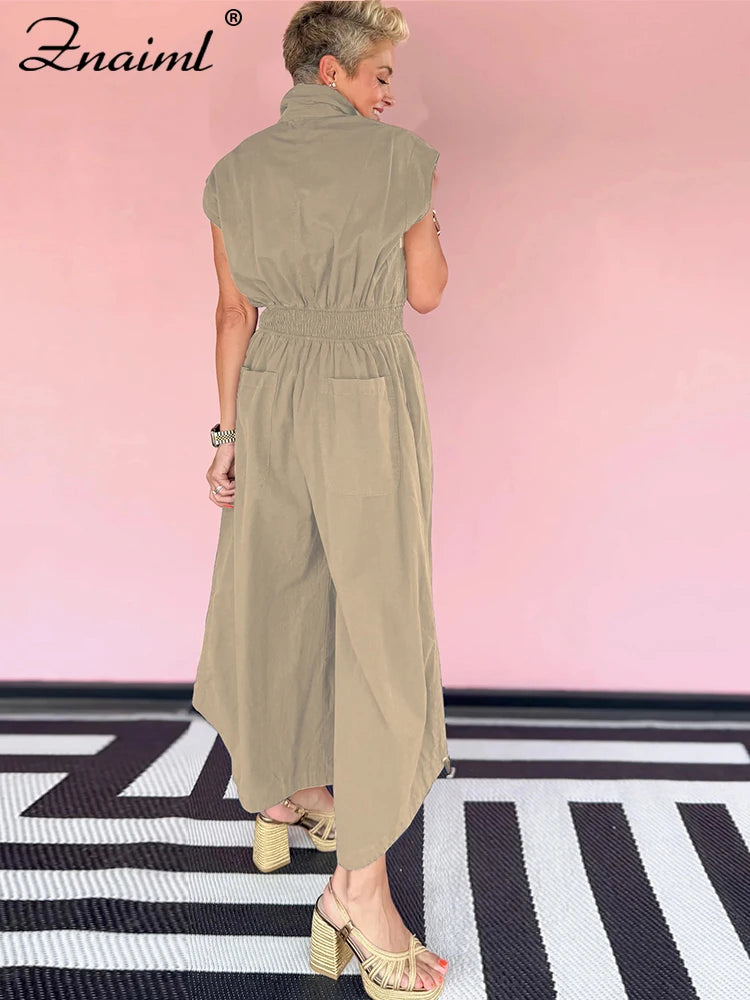 Znaiml Casual Loose Pocket Jumpsuit Women Sleeveless Button High Waist Wide Leg Rompers Street Overalls One Pieces Cargo Pants