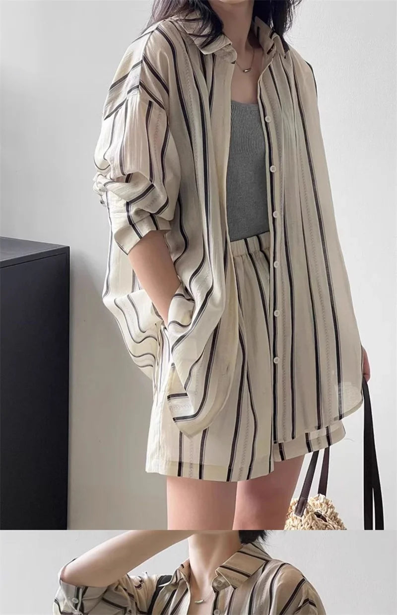 Striped Shirt Shorts And Suits Sun Protection cClothing Casual Sports Suit Women's Summer Fashion Shorts Two-Piece Set Female