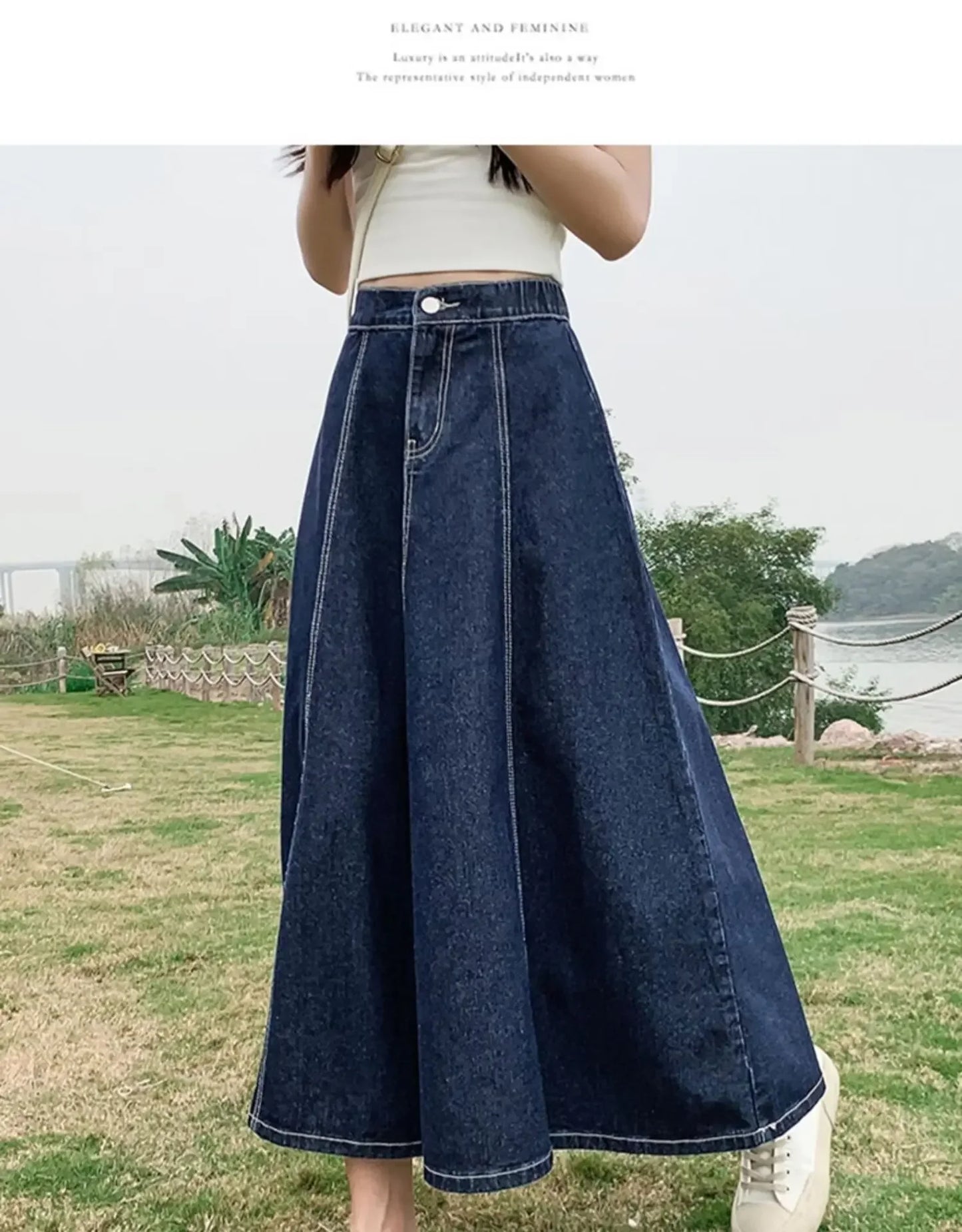 Fashionable Spring Medium-Length High-Waisted Jeans Long Dress Women's Elastic Waist A- Line Skirt Umbrella Skirt
