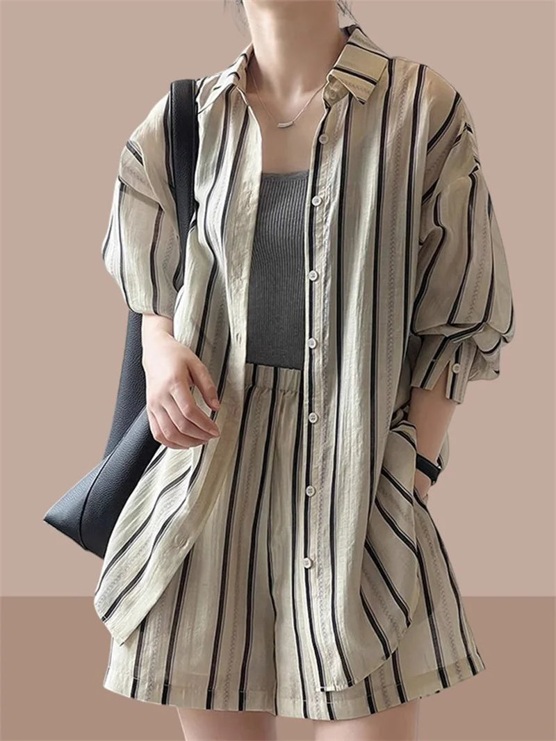 Striped Shirt Shorts And Suits Sun Protection cClothing Casual Sports Suit Women's Summer Fashion Shorts Two-Piece Set Female