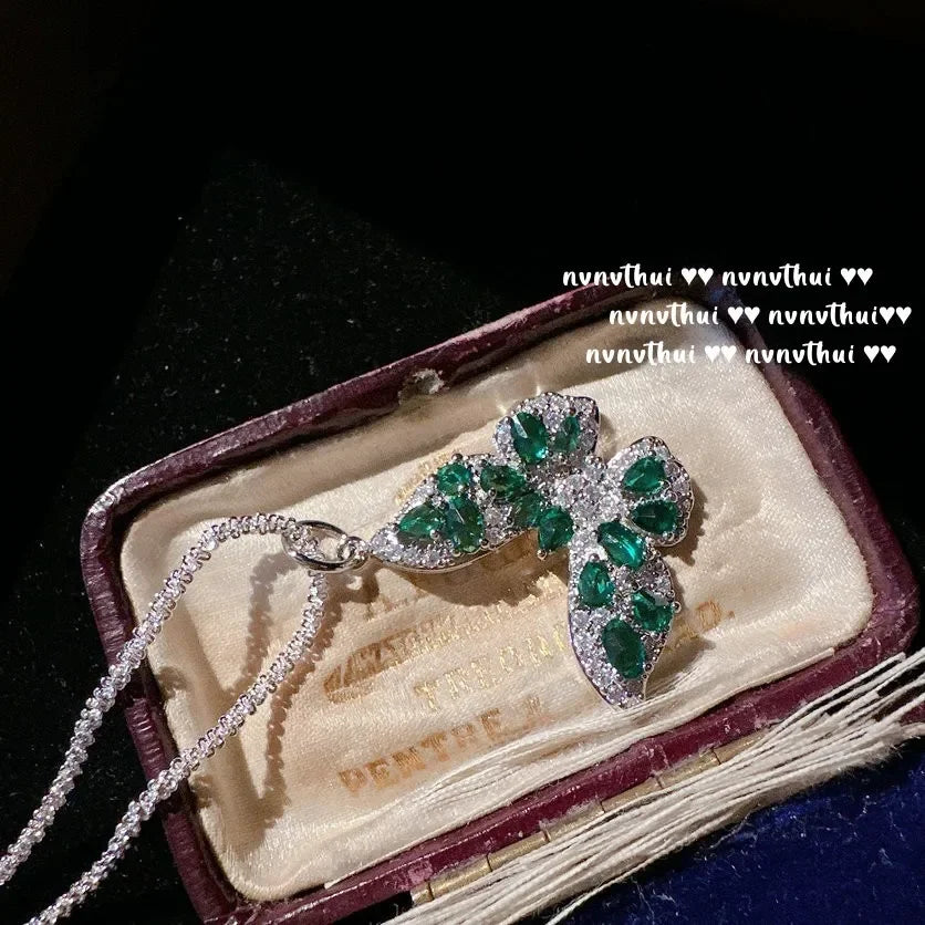 Green Zircon Butterfly Necklace, Ring, and Earring Set for Women