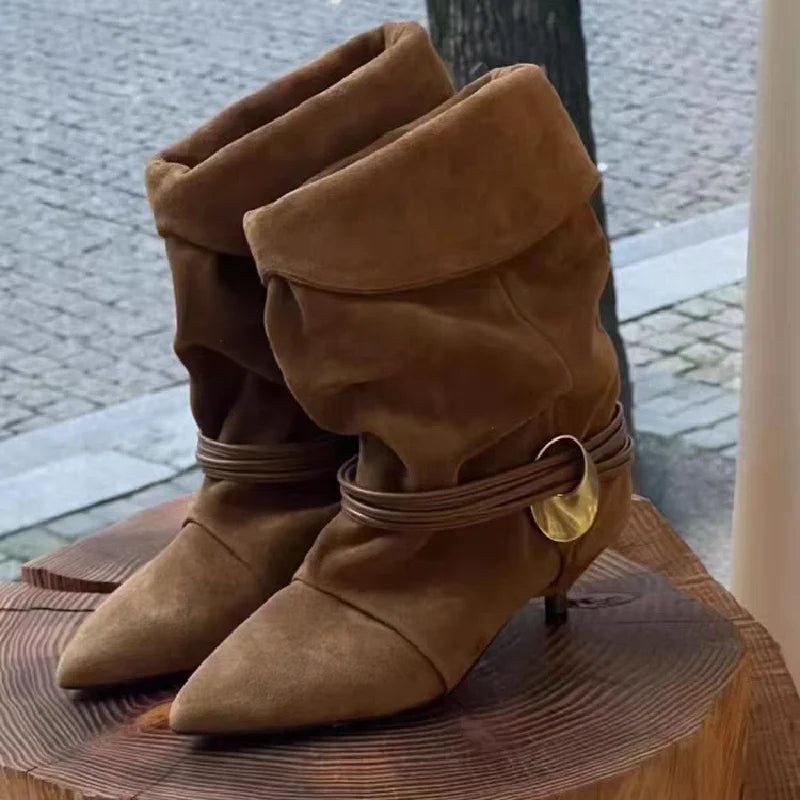 Vintage Stiletto Low Heel Boots Women's Fashion Brand Pleated Ankle Boots Brown Pointed High-end Texture New Cowboy Boots Shoes