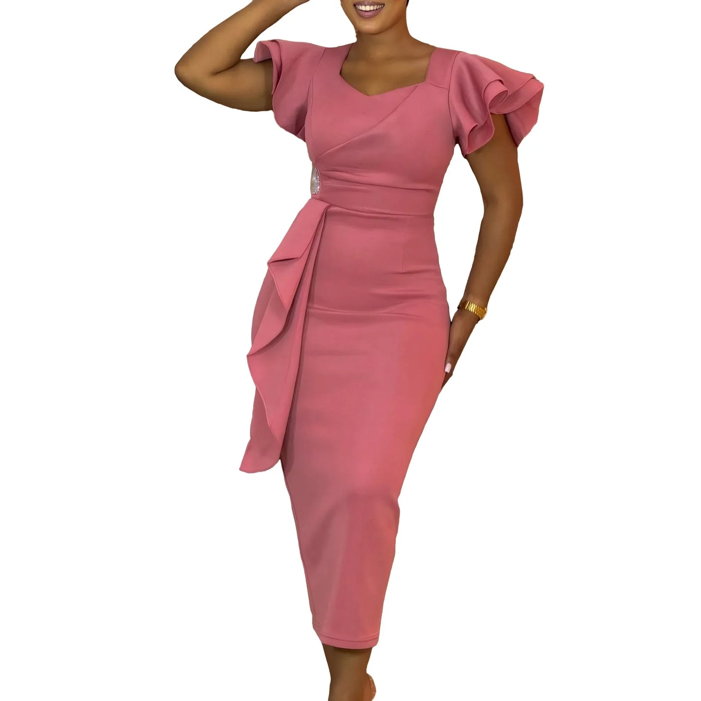 Elegant Pure Color African Style Wrap Dress D3310 New Fashionable Transoceanic Dress with Lace Trim Elegant African Dress