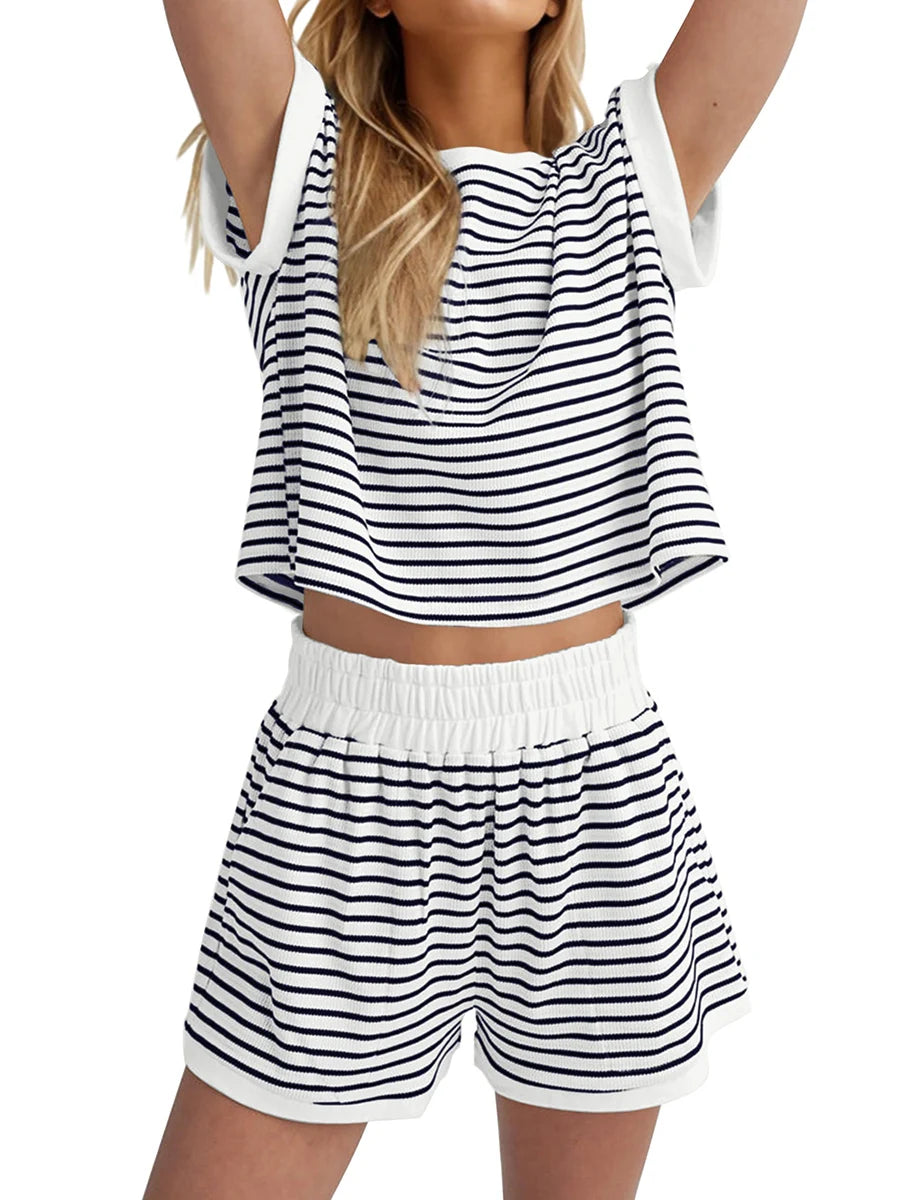 Women’s Casual 2 Piece Outfits Summer Short Sleeve Stripes Print Tops + Elastic Waist Shorts Set Loungewear for Sports Work Out