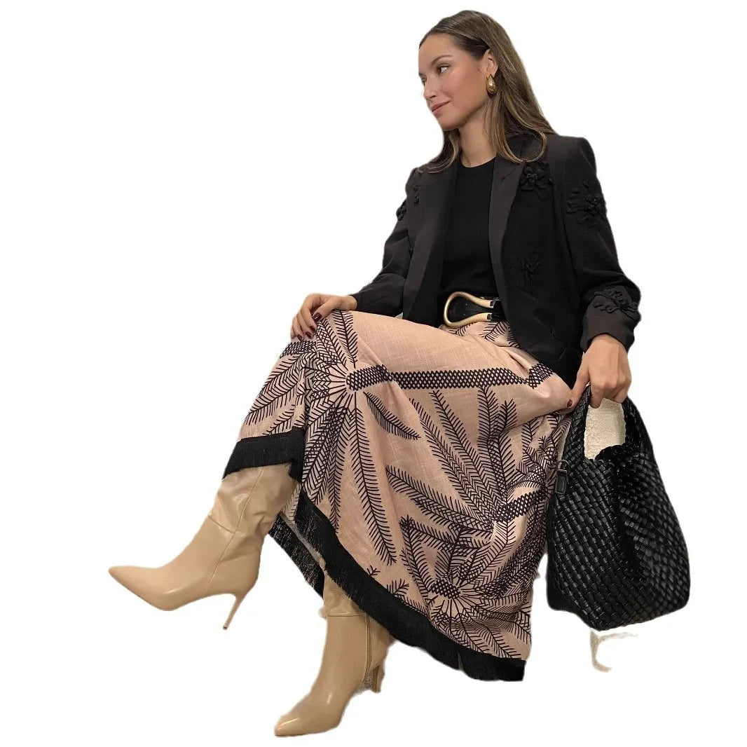 Vintage Plant Printed Hem Tassel Skirts For Women 2025 Spring Autumn New A-line Holiday Party Skirt Fashion All-match Vestidos