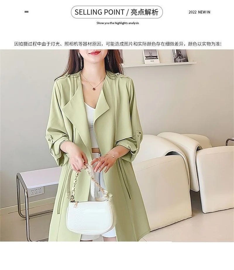 Autumn Windbreaker New Women's Thin Coat Korean Version 2023 Single-Layer Fashion Drawstring Slim Trench Coat Top with 3/4 Sleev