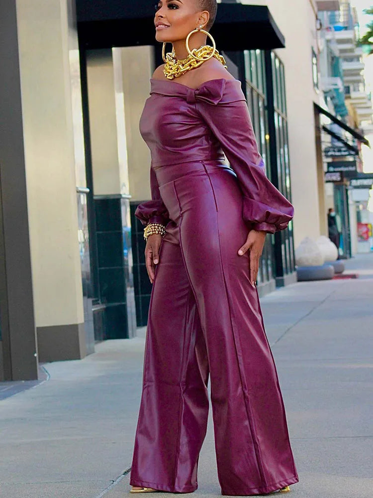 PU Faux Leather Two Piece Set for Women Y2K Clothing Slash Neck Crop Top and Wide Leg Pants Matching Sets Night Club Outfits