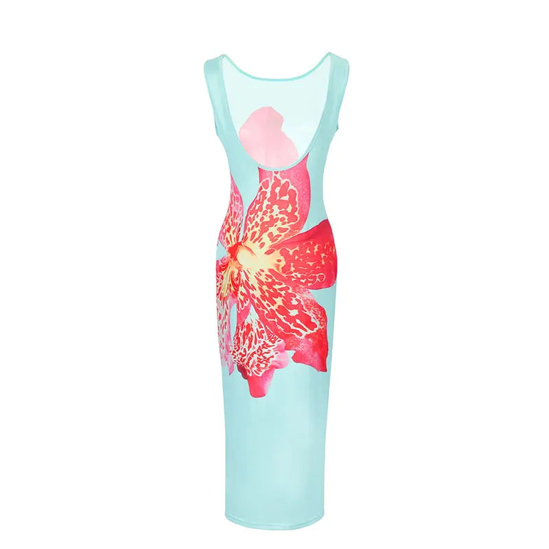 Summer New Women's Dresses Casual Slim Streetwear Fashion Print Maxi Dress Elegant Lady Sexy Backless Sleeveless Dress Clothing