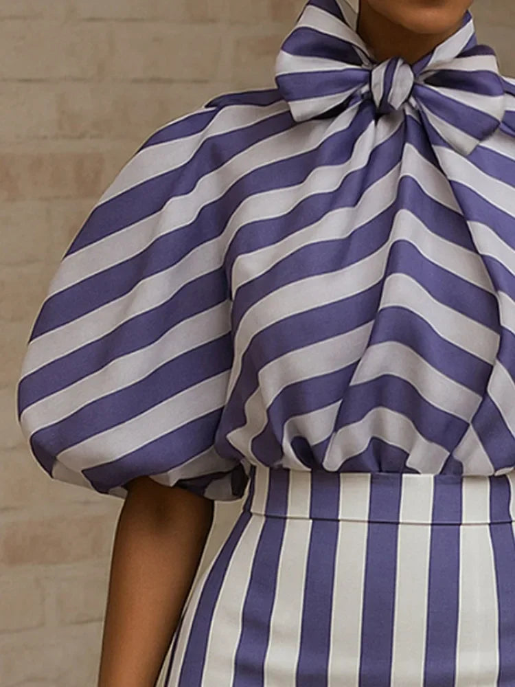 Beautyblue Blue Striped Shirts for Women Commuter Blouses 2025 Elegant Loose Bow Tie Puff Sleeves Bowknot High Neck Female Tops