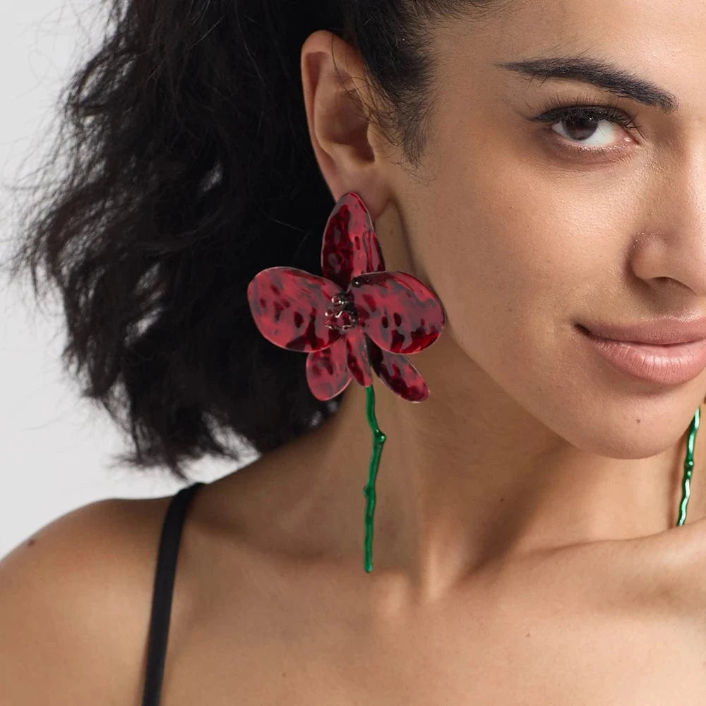 New Arrival Exaggerated Large Red Flower Drop Earrings High-Quality Trendy Long Earrings For Women Statement Jewelry Accessories