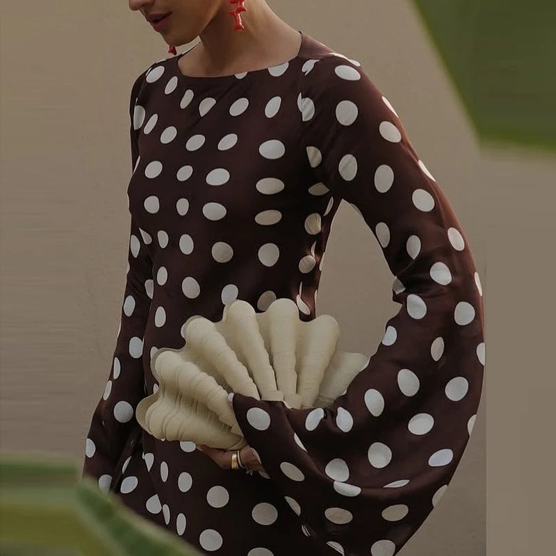 Women Fashion O-neck Flared Sleeve Evening Dress Spring Elegant Hight Waist Slim Long Dress Autumn Polka Dot Print Party Dress