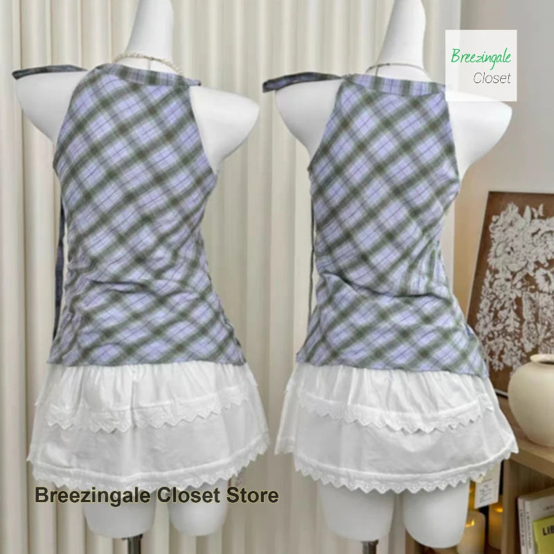 Korean Plaid Lace Plaid Hanging Neck Fake Two-Piece Shirt Women's Summer New Stacked Sleeveless Shirt Design Sense Small Top