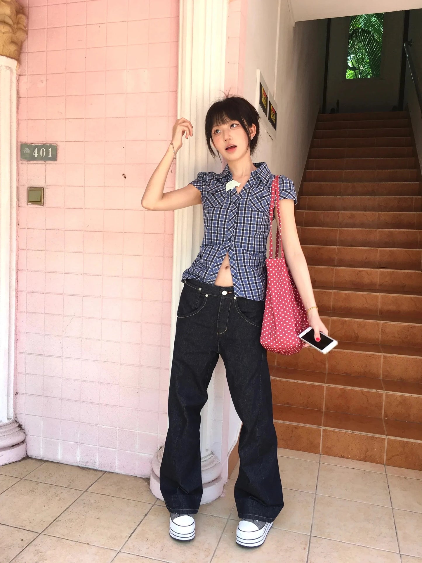 Karrram Japanese Y2k Plaid Shirt Vintage Harajuku V-neck Blouses Korean Fashion Women Short Sleeve Shirts 2000s American Retro