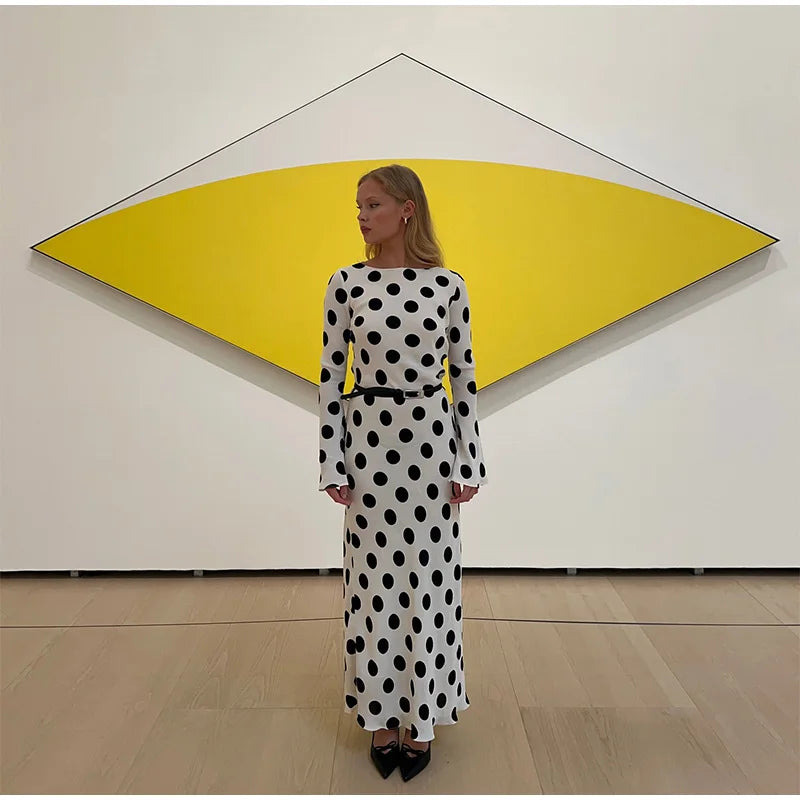 Black Dots Dress Long Sleeve  Art Modern Maxi Dress Long Sleeve High Neck Street Wear Print Bohemia Long Robe Gift 2025