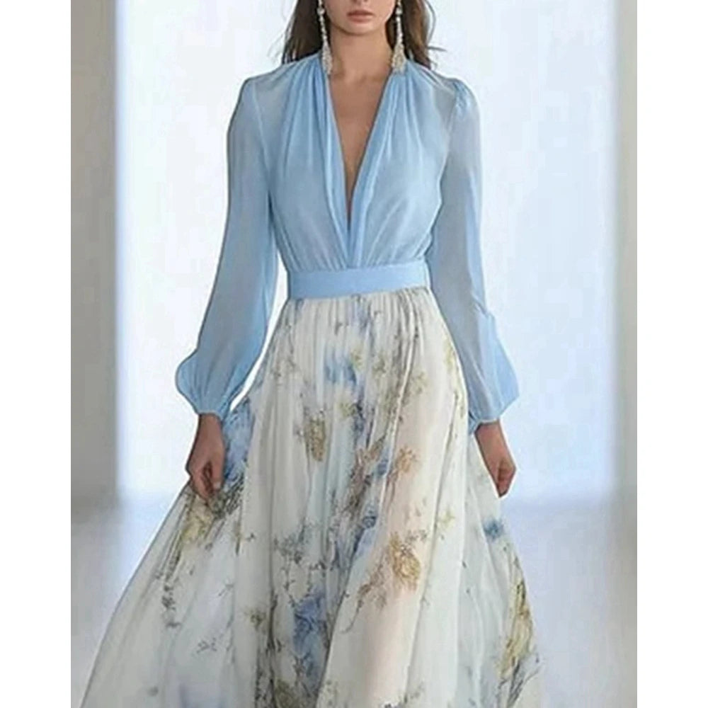 Floral Dress Print Long Sleeve Summer Women Dress Deep V Neck Slim Waist Maxi Dress for Party Evening Gown Vestidos Elegantes
