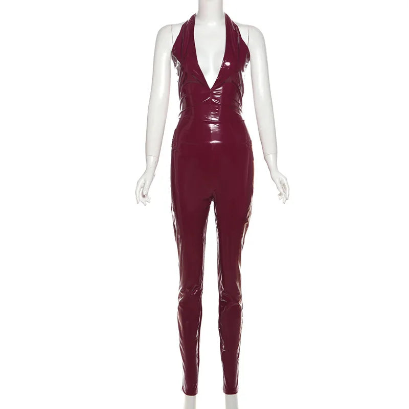 CM.YAYA Women Set PU Leather Halter V-neck Top + Pencil Pants Suits 2025 Fitness Streetwear Two 2 Piece Sets Outfits Tracksuit