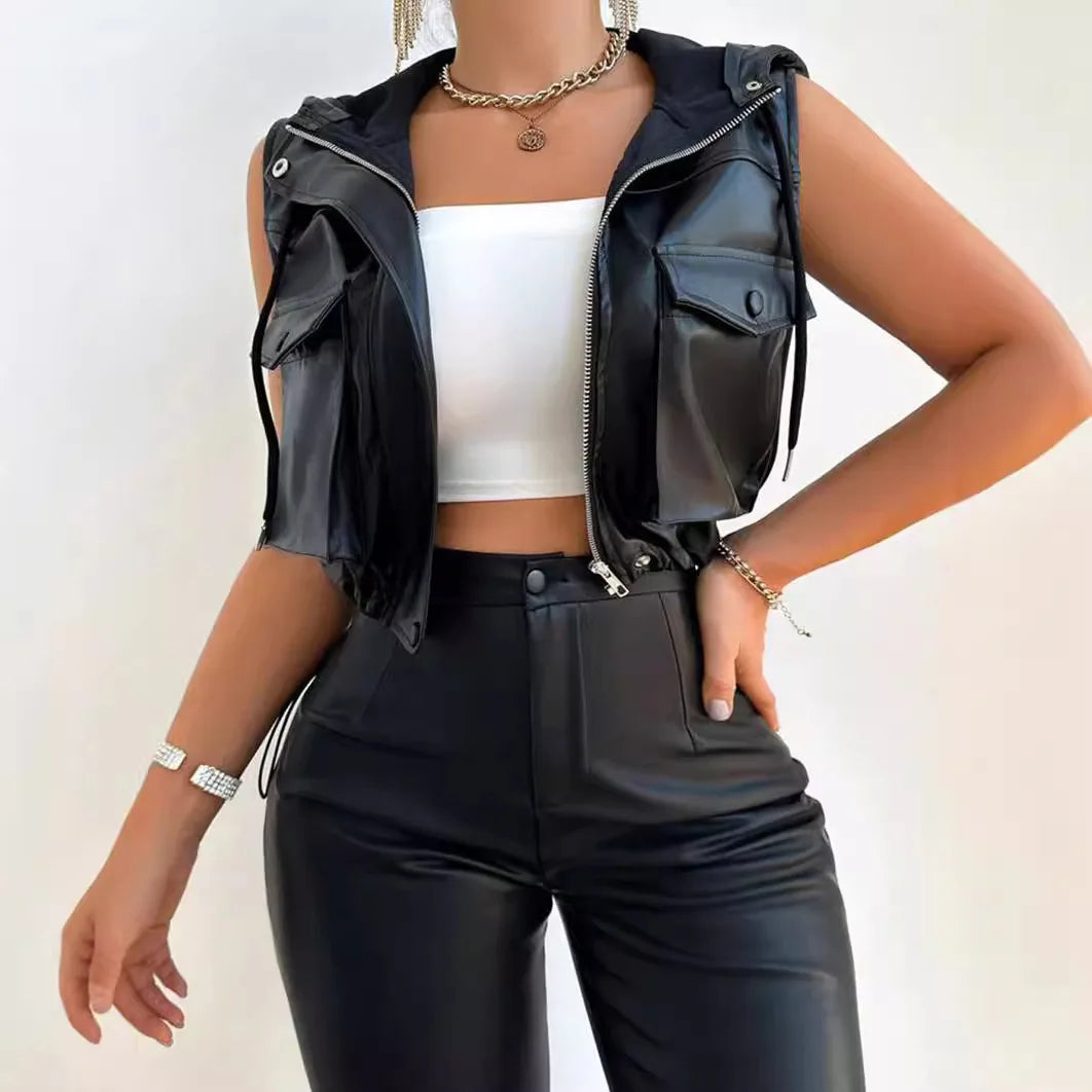 European and American fashion women's draw rope with hat three-dimensional pocket zipper PU leather vest for women