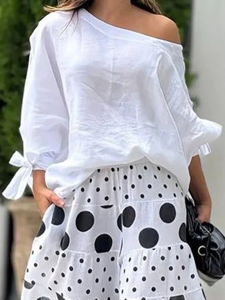 Beautyblue Elegant One-Shoulder Blouses&Shirts for Women Green Tops 2025 New Casual Loose Tied Asymmetric Fashion Female Clothes
