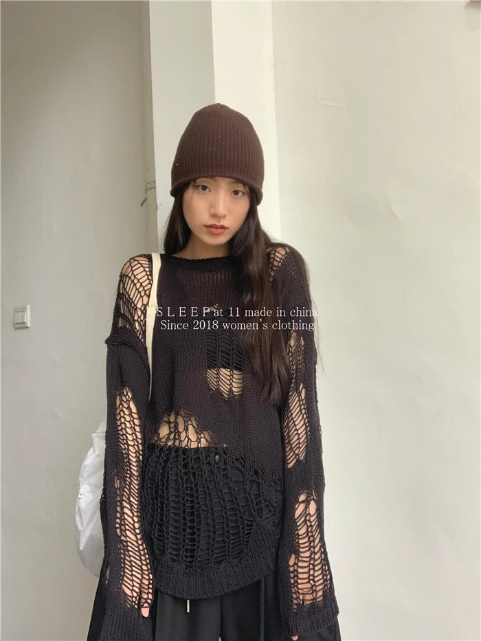 Karrram Gothic Hollow Out Sweater Hole See Through Oversized Knitted Pullovers Emo Streetwear Grunge Clothes Y2k Tops Spring