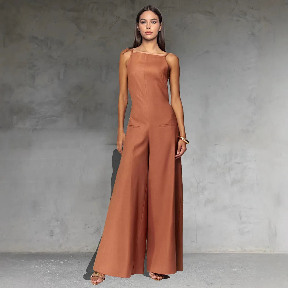 Summer Women's Jumpsuit Long Pants Sleeveless High Waist Wide Leg Ankle-length Pants Solid Color Casual Fashion Women's 2025