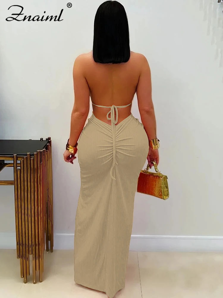 Znaiml Women's Elegant Evening Halter Hollow Backless Slit Bodycon Maxi Dresses Sexy Beach Holiday Party Club Birthday Vestidos