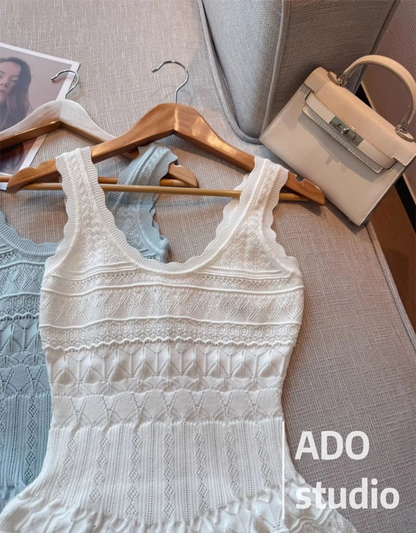 White Sweet A-line Ruffle Edge Knitted Vest Dress Women's Summer French Fashion Slim Temperament Sexy Girl Hollow Short Dress
