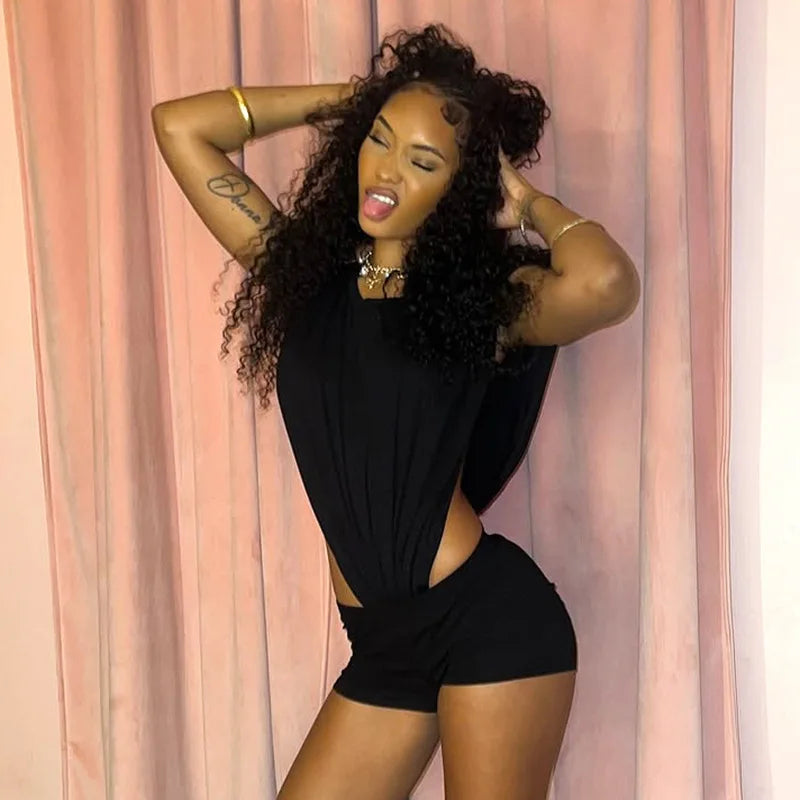 Joskaa 2025 Women's Black Two Piece Set Sexy Crew Neck Sleeveless Side Cutout Bodysuits and Bodycon Shorts Suits Y2K Streetwear