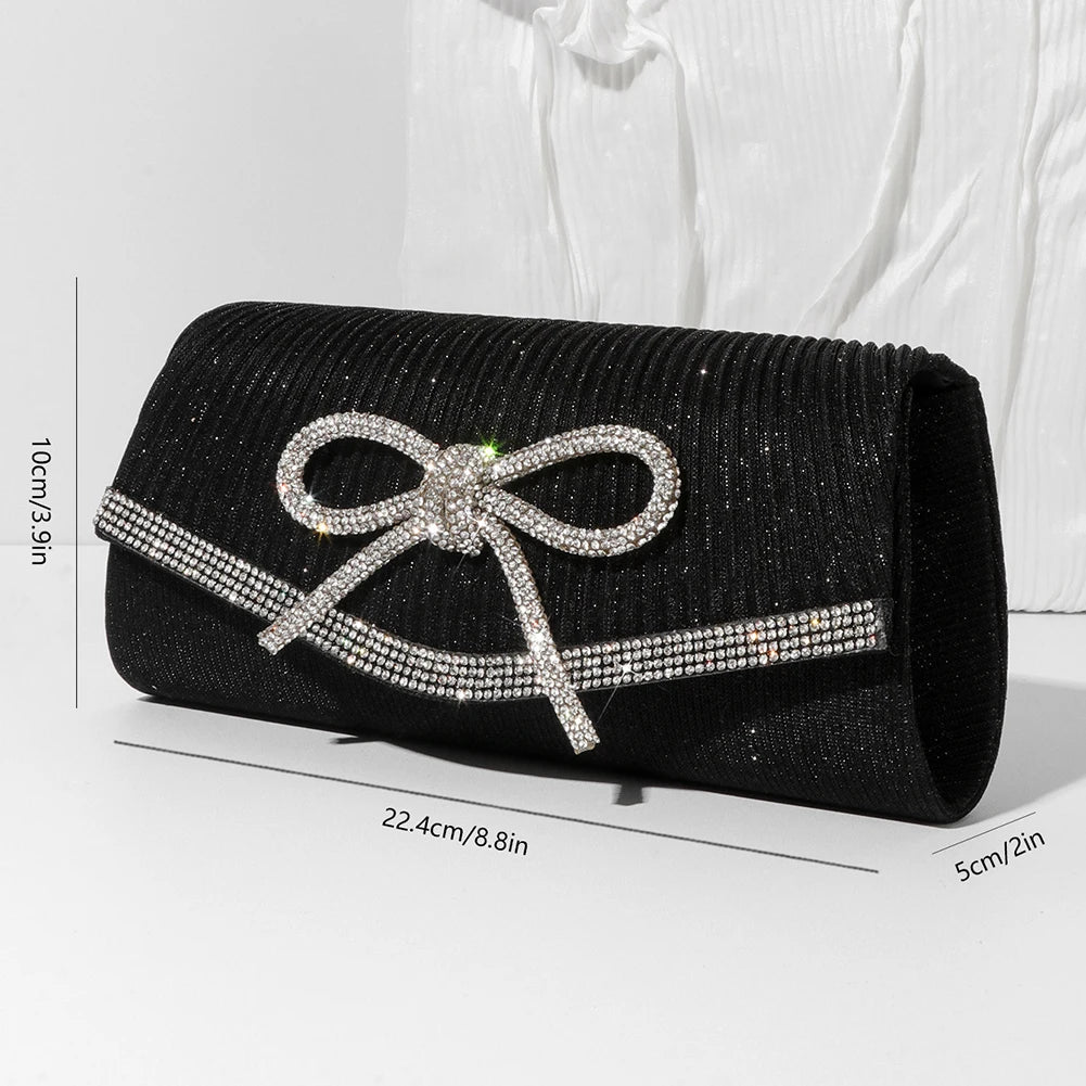 Women Evening Bag Bow Shoulder Bag Glitter Rhinestone Hobo Bag Adjustable Strap Wedding Party Purse