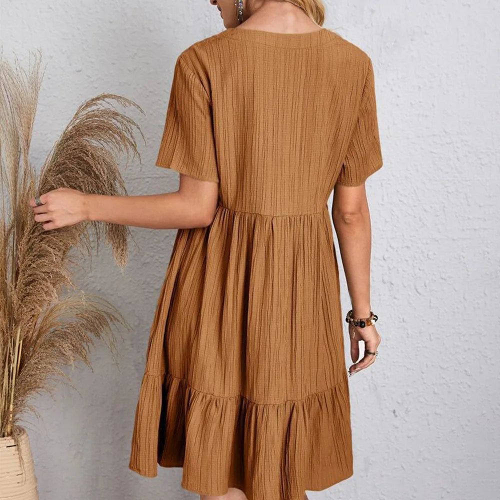 Summer Womens Short Sleeve Mini Dress Ladies Pleated Ruffle Solid Dresses Casual V Neck Vintage Loose Vestidos
