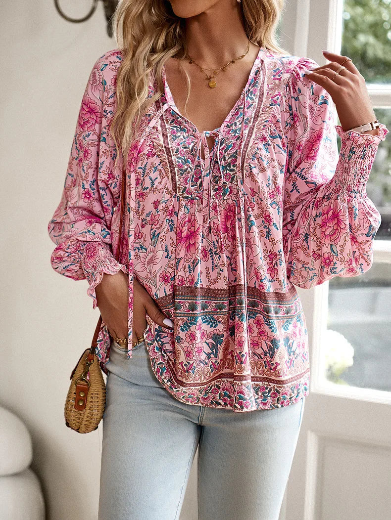 2025 Spring Summer Printed Shirt Women Elegant Chiffon V-neck Long-sleeve Top