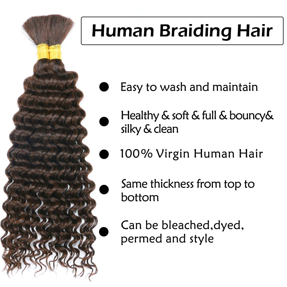 Human Braiding Hair Chocolate Brown 100g Deep Wave Bulk No Weft Human Hair Wigs Bundles for Curly Boho Braiding
