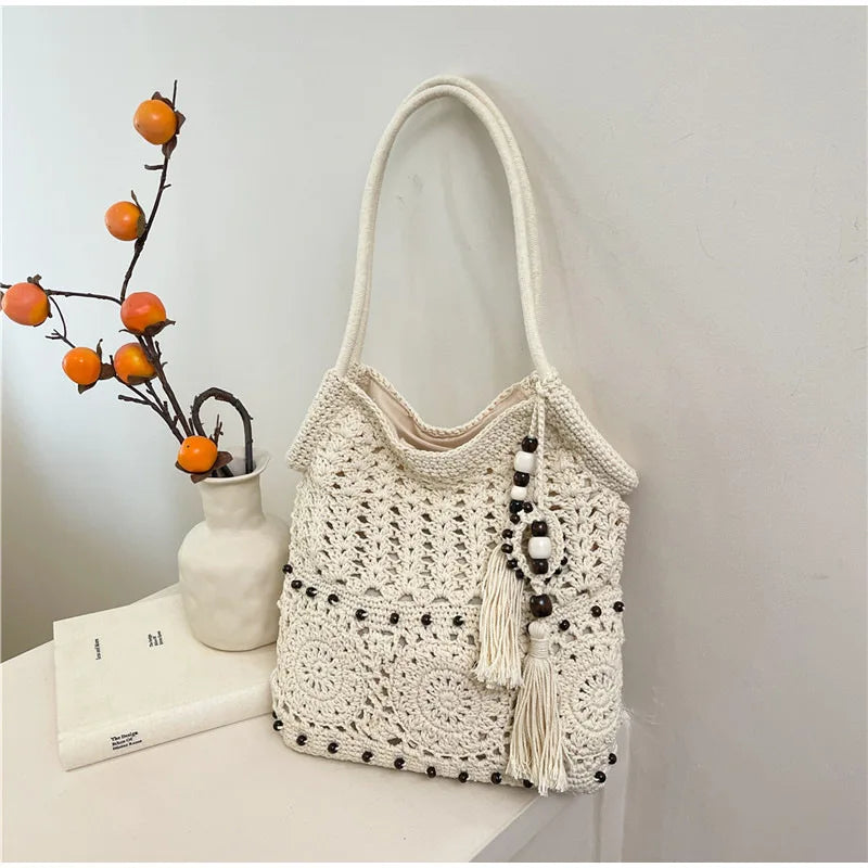 Hollow Crochet Women Bags Bohemian Large Capacity Handbags Korean Popular Bag New Tassel Cotton Shopping Bag Shoulder Bag Women