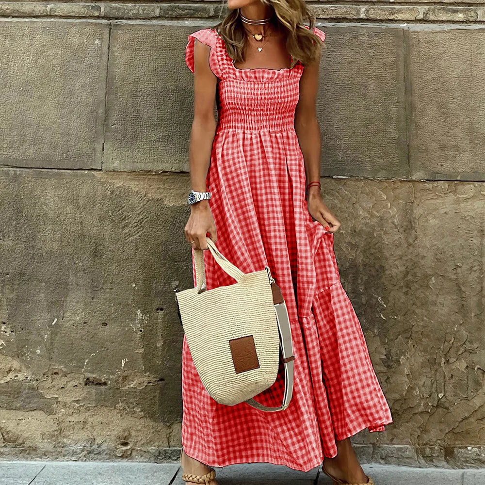 Women's Check Plaid Sleeveless Square Neck A-Line Maxi Dress Summer Ladies Casual Vacation Holiday Beach Sundress Size S-2XL