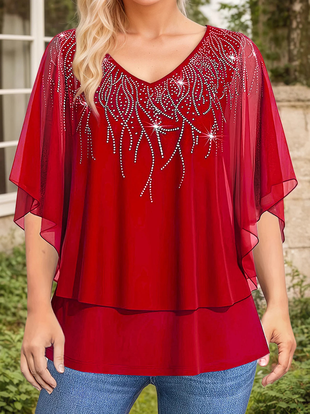Women’s Plus Size Elegant Blouse Lace Patchwork 3/4 Sleeve Chiffon V-Neck Sequins Printed T-Shirt Double Layer Loose Female Tees