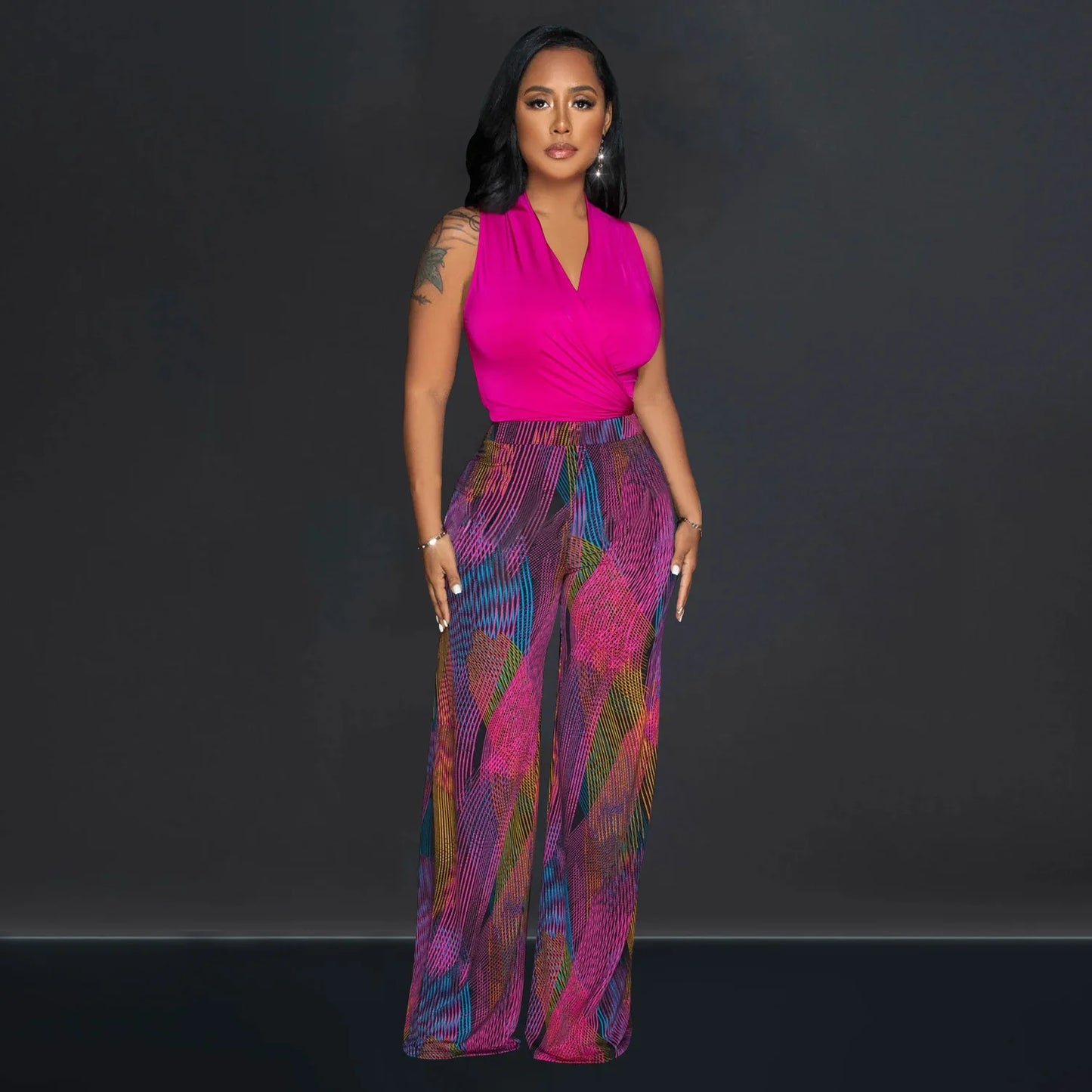 CM.YAYA Women's Set Wrap V-neck Tie Up Tank Top and Galaxy Striped Wide Leg Pants 2023 Street Two 2 Piece Sets Outfits Tracksuit