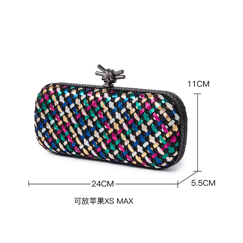 Gold Evening Clutch Bag for Women Leather and Bright Line Woven Purse Elegant Ladies Metal Knot Party Handbag Bolsas Femininas