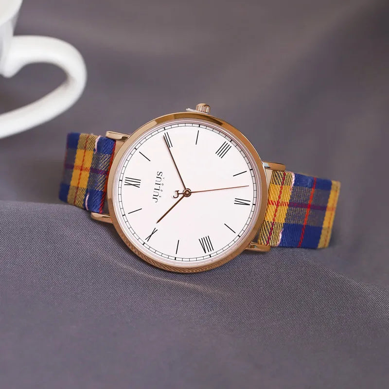 New Julius Women's Watch Fine Fashion British Plaid Style Hours Dress Bracelet Real Leather Clock Girl Birthday Gift Box