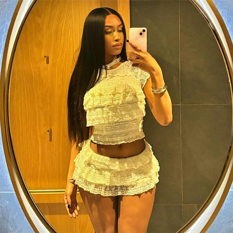 Two Piece Women Crop Top And Mini Skirt Matching Set 2024 New Summer Fashion Sexy White Lace Ruffle Ruched Skirts Outfits