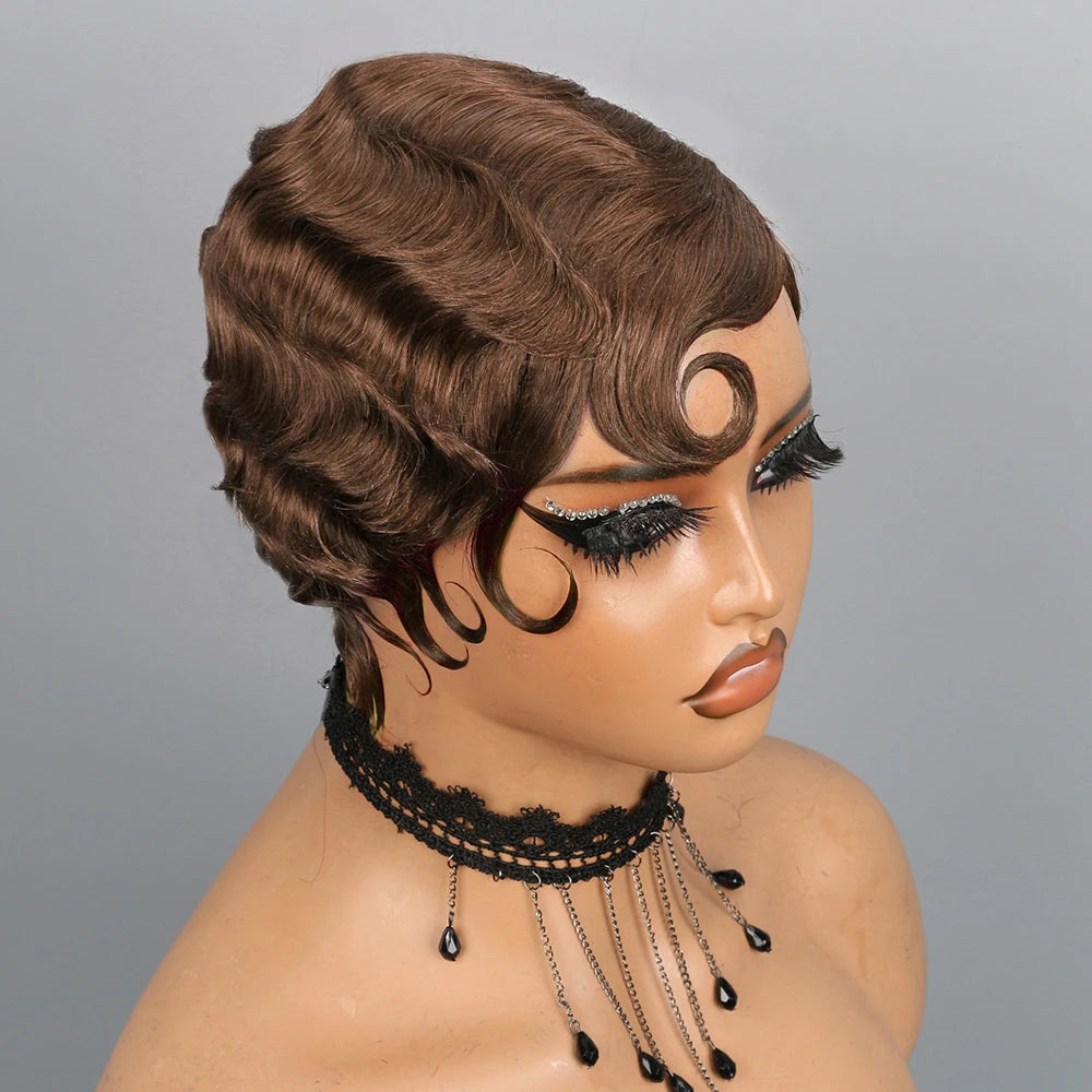 Short Finger Wave Wig Human Hair Wigs For Women 180% Density Brown Short Ocean Wave Wig Pixie Cut Wigs for Woman Natural Look