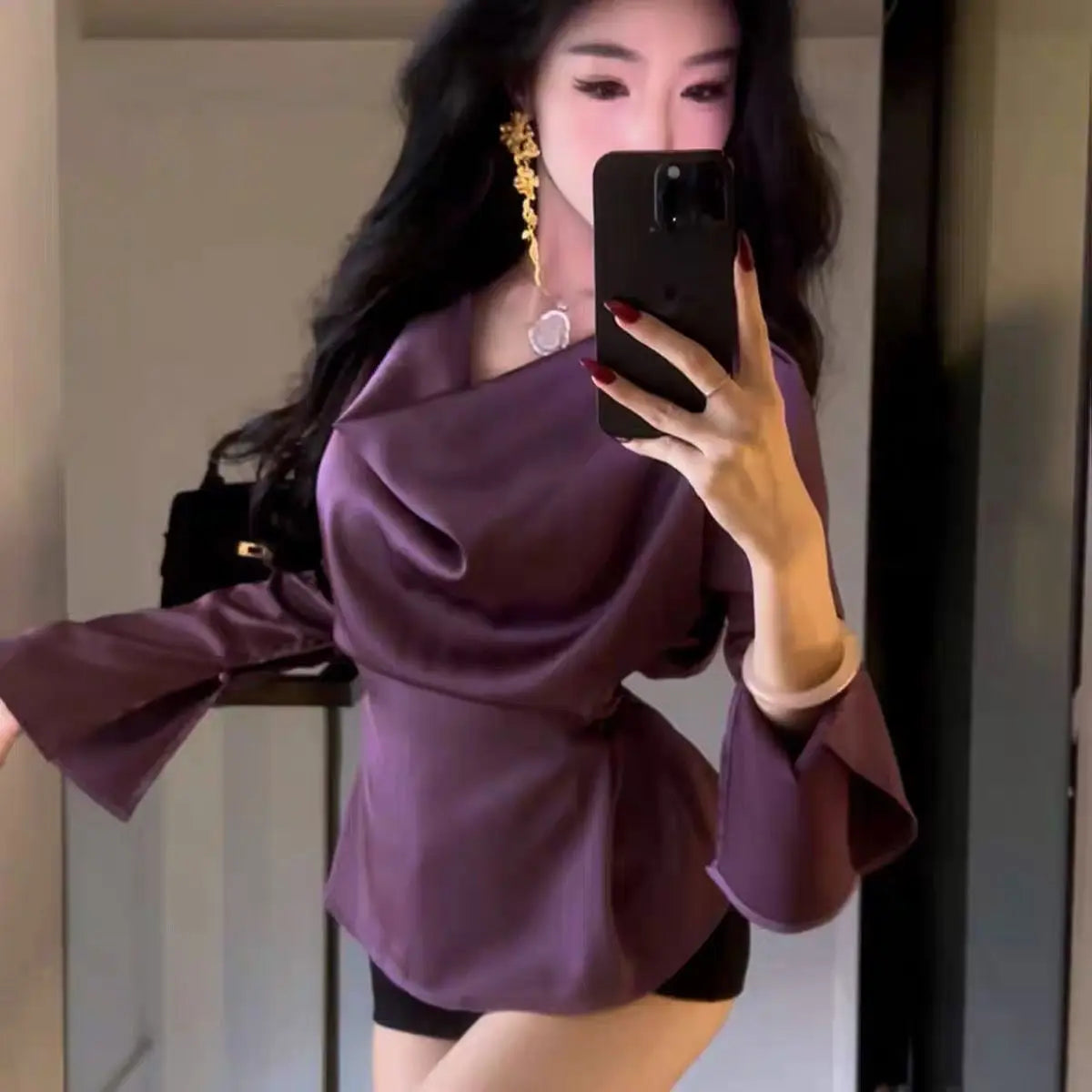 Silk Satin Basic Blouse Women Luxury Elegant Flare Long Sleeve Shirt Lady Bandage Tunic Top Korean Office Casual