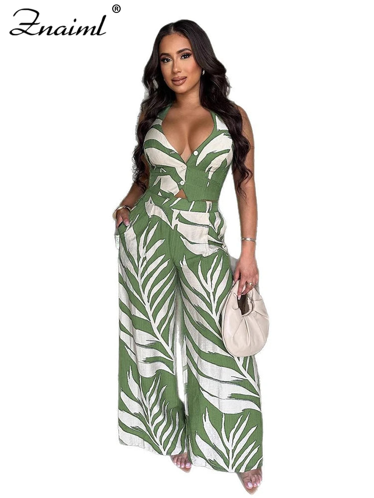 Znaiml Sexy Boho Leaf Printed Wide Leg Pants Sets for Women Halter Sleeveless Crop Tops and Trousers Two 2 Piece Vacation Outfit