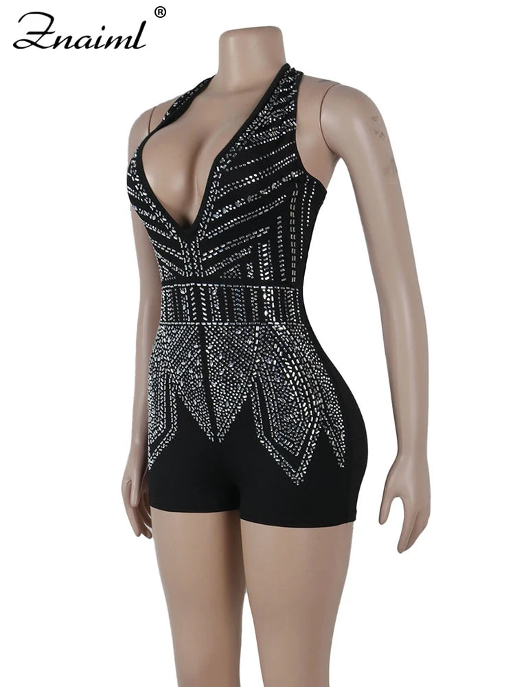 Znaiml Gorgeous Deep V Neck Rhinestone Halter Bandage Playsuits Women Crystal Short Jumpsuits Rompers Night Club Birthday Party